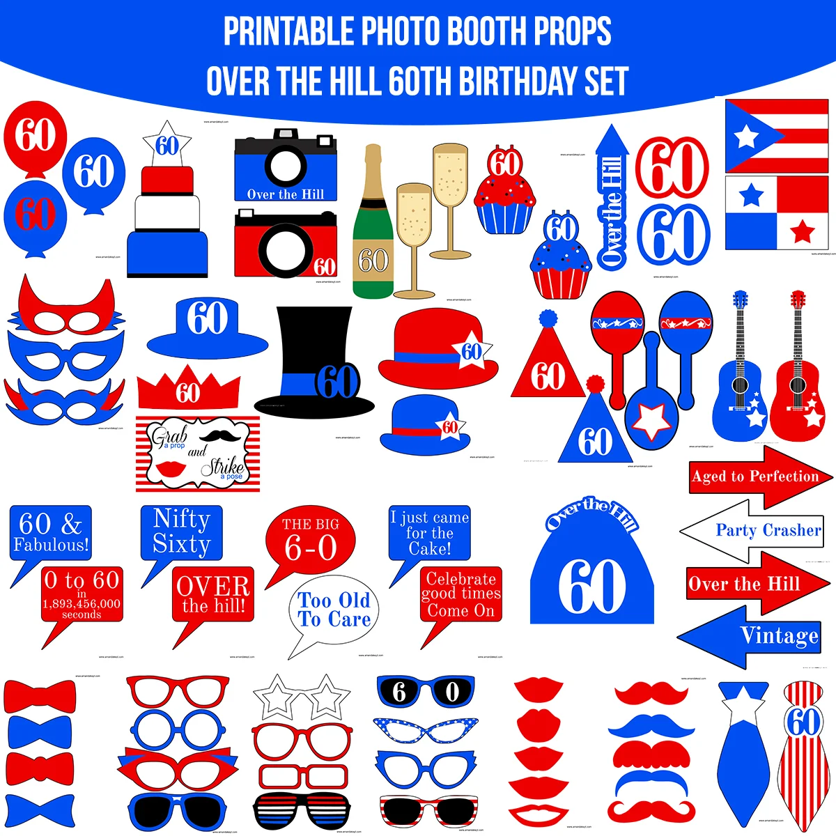 Instant Download 60th Red White Blue Panama & Puerto Rico Birthday Printable Photo Booth Prop Set