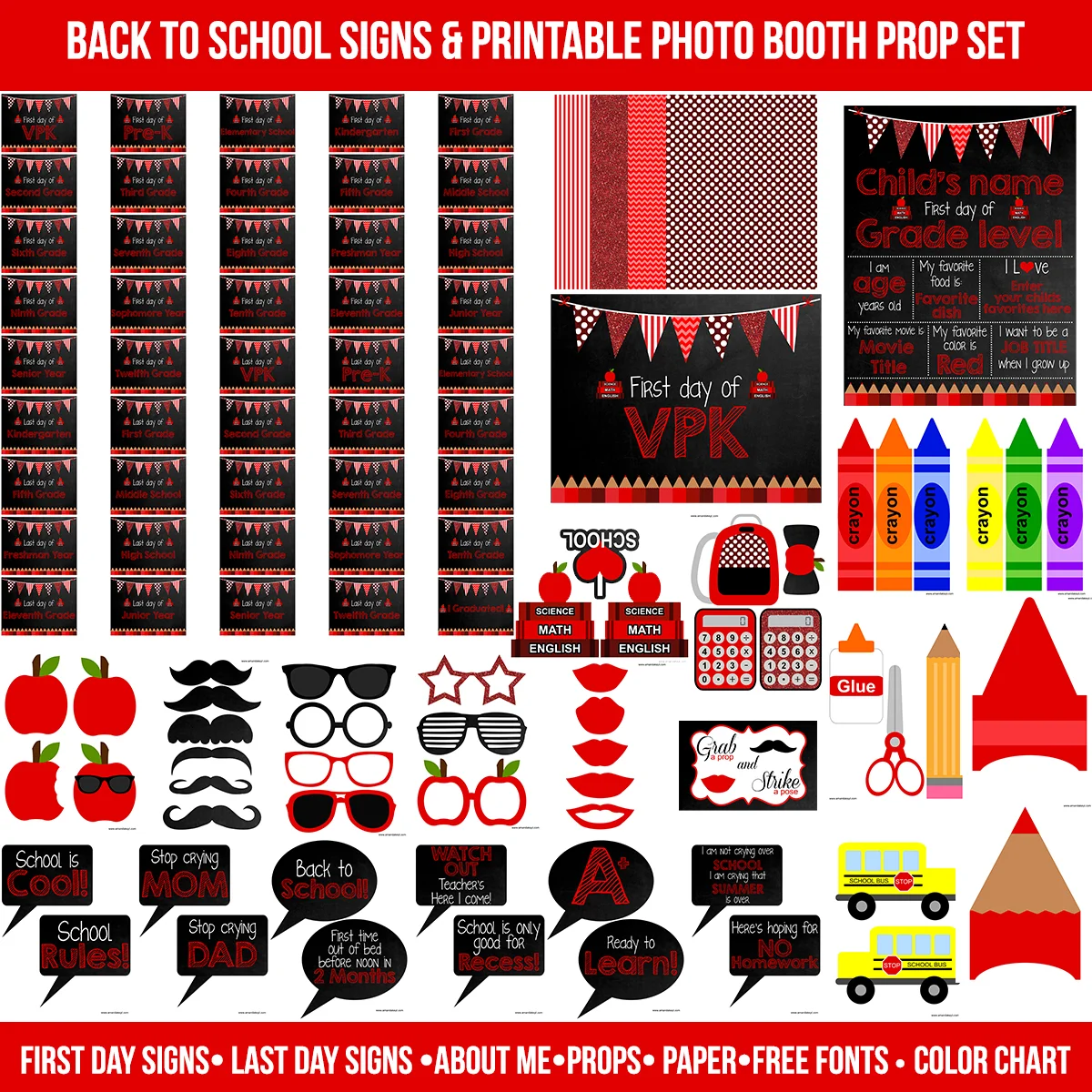 Huge Instant Download Red First and Last Day of School Signs & Printable Photo Booth Prop Set