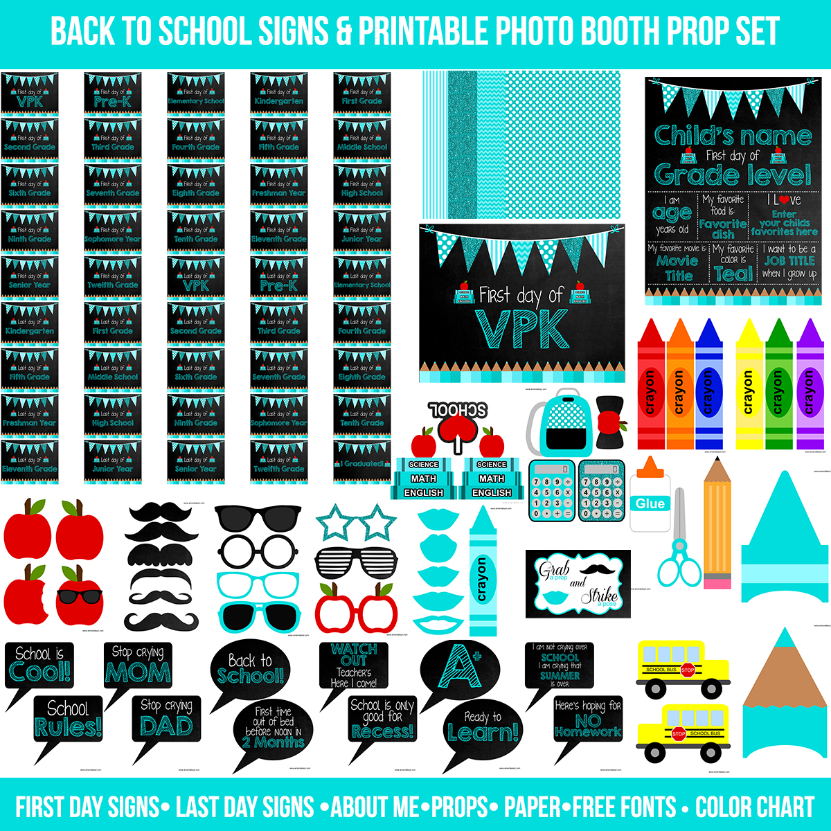 Instant Download Teal First and Last Day of School Signs & Printable Photo Booth Prop Set