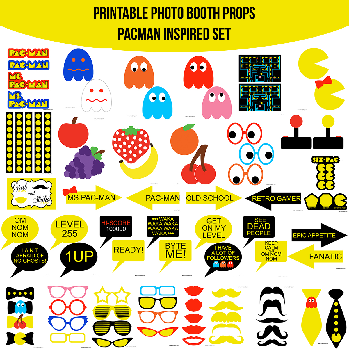 Instant Download Video Game Classic PacMan Pac-Man Inspired Printable Photo Booth Prop Set