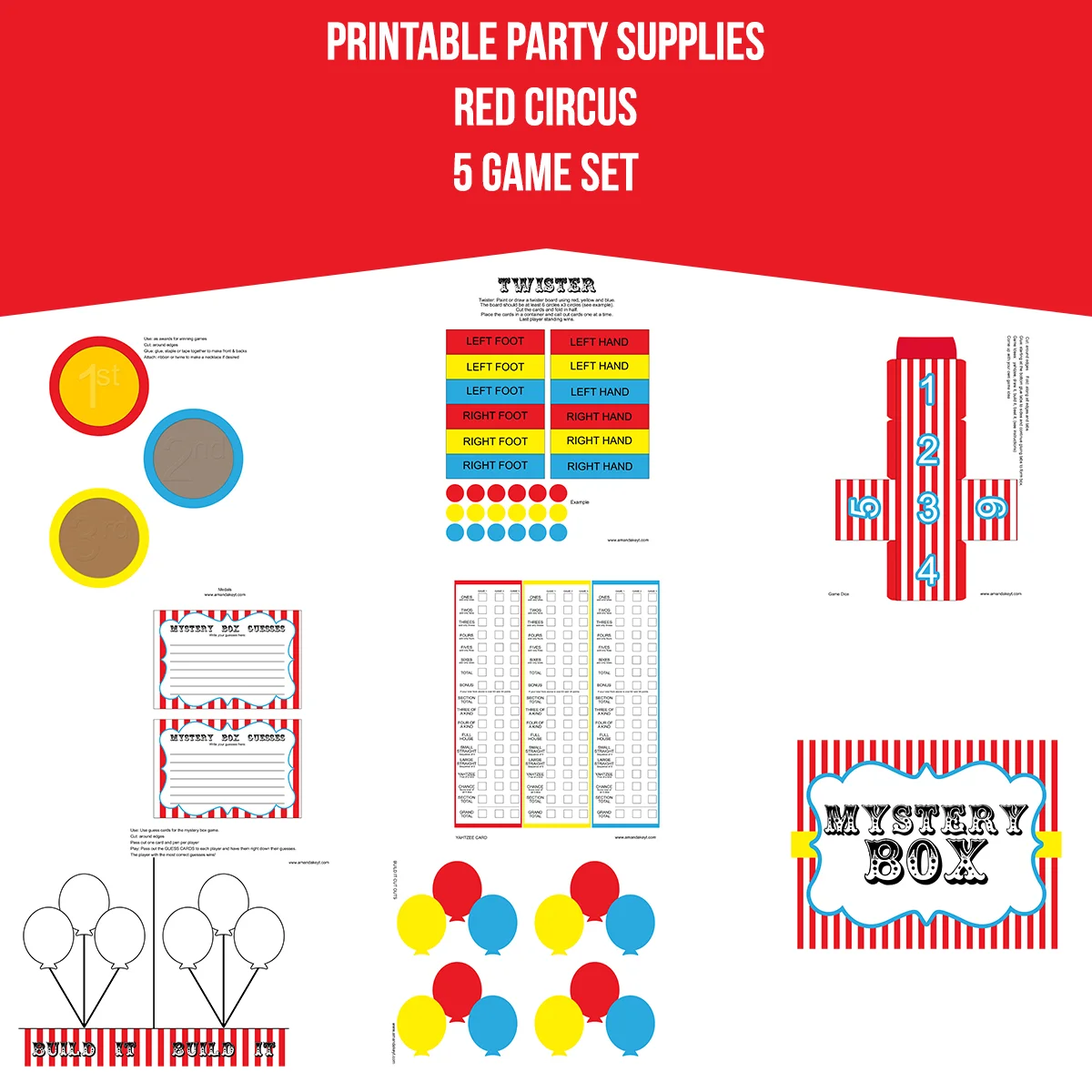 Instant Download Circus Red Printable 5 Game Set
