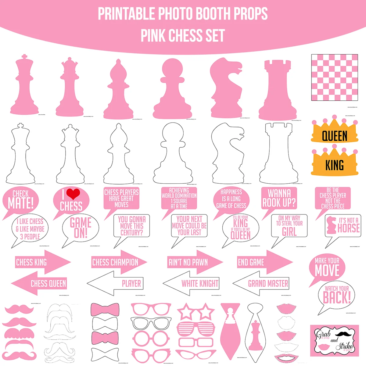 Instant Download Pink and White Chess Game Printable Photo Booth Prop Set