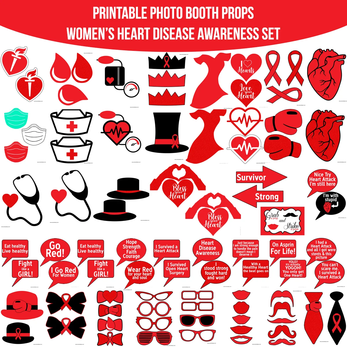 Instant Download Women's Heart Disease Awareness Inspired Printable Photo Booth Prop Set