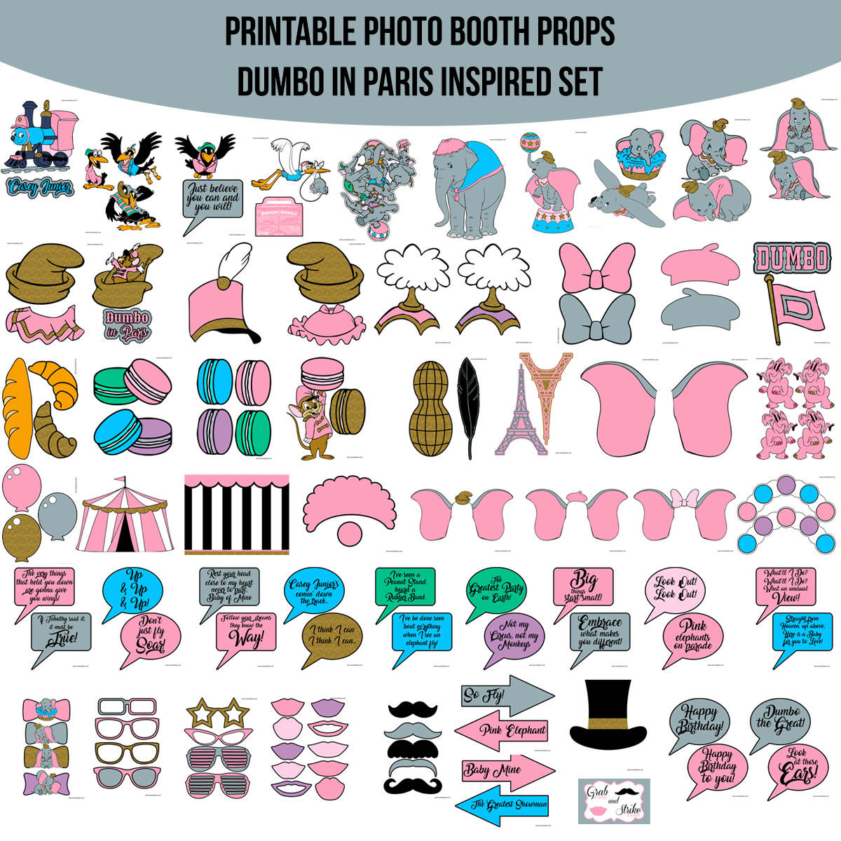 Instant Download Dumbo In Paris Inspired Printable Photo Booth Prop Set
