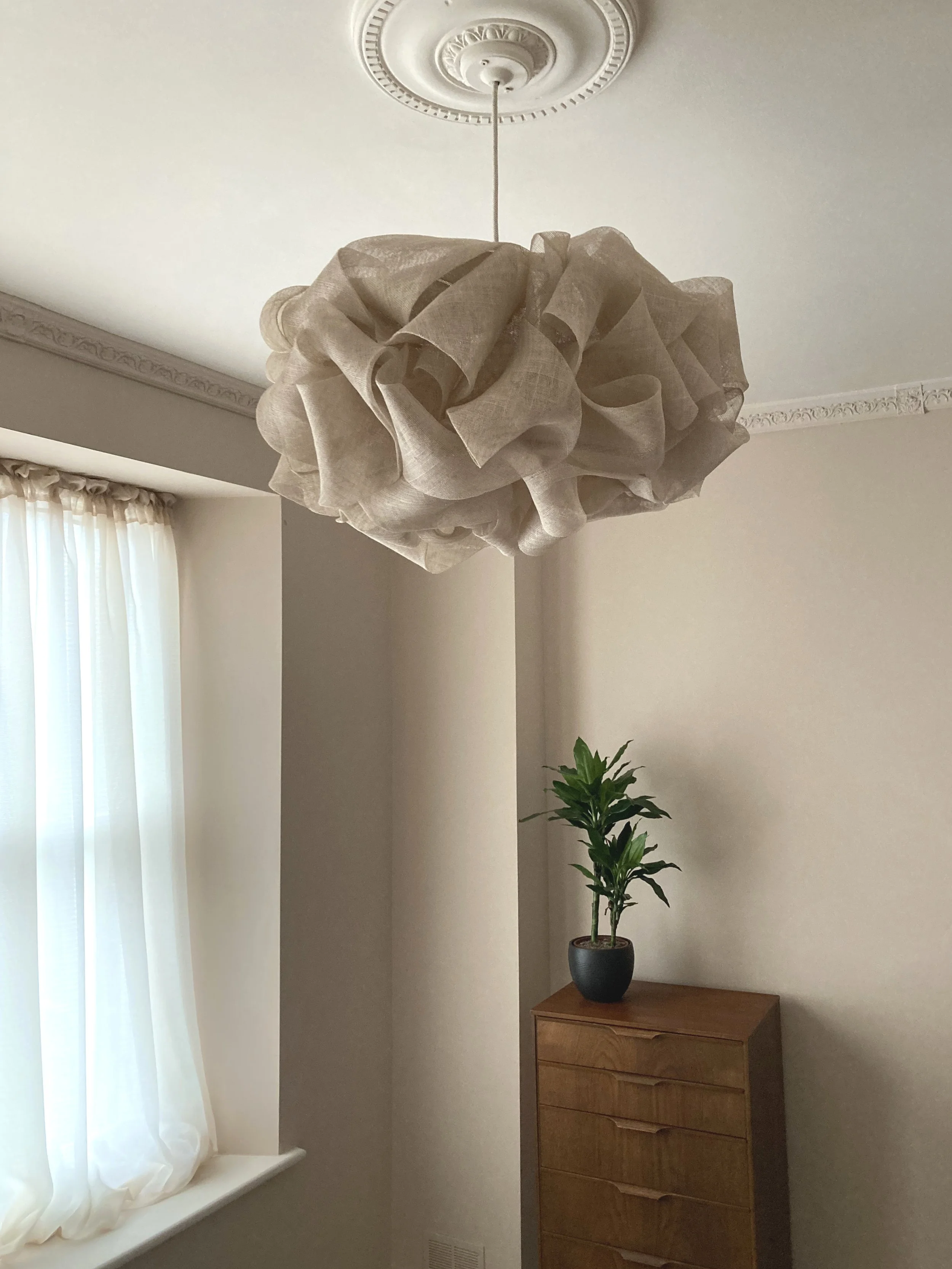 Handmade Sculpted Lightshade in Abaca Fabric by Karen Henriksen: 'Curl' size medium in mist