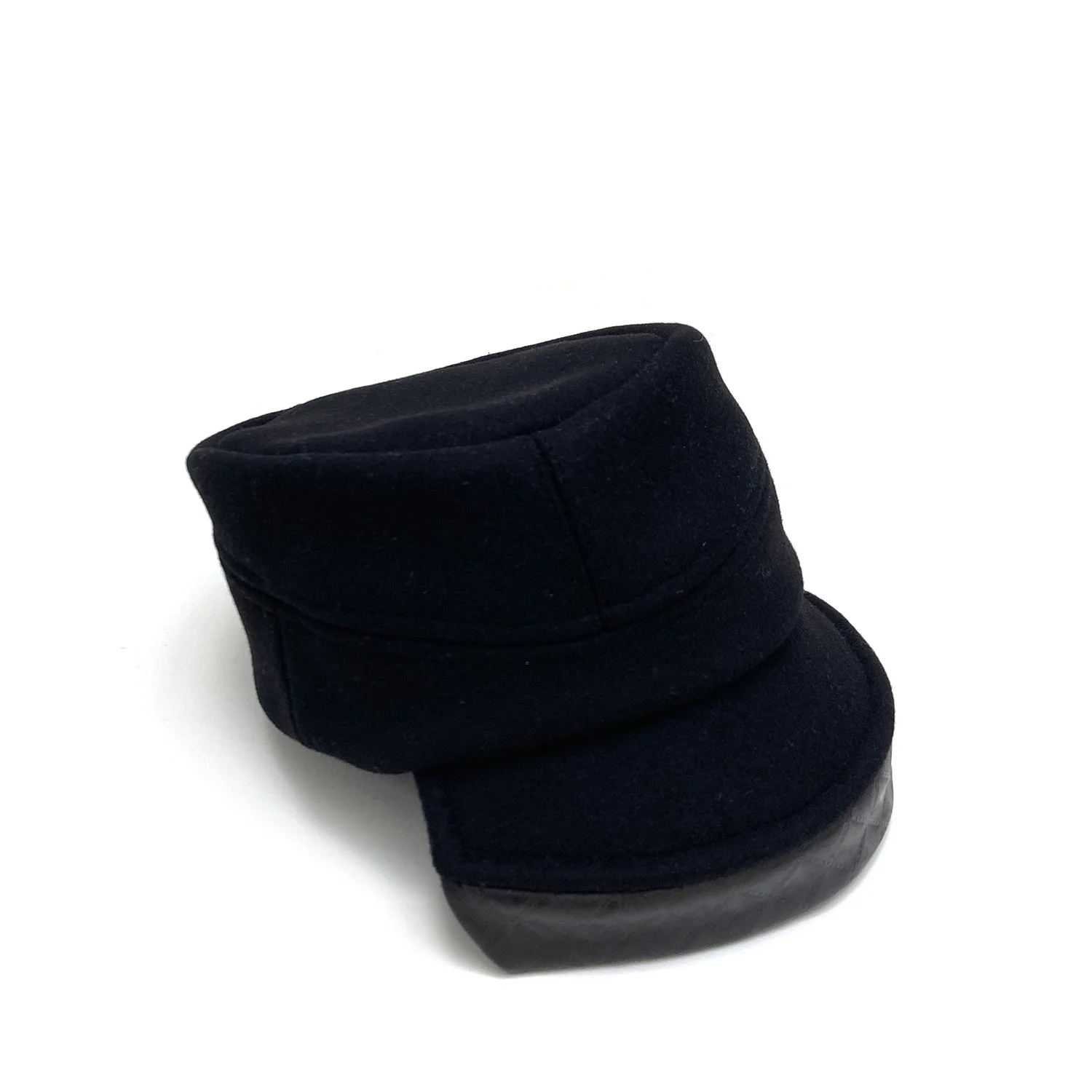 Striking Wool Cap with 2-piece Peak and Leather Detail by Karen Henriksen: 'Lauren' in black