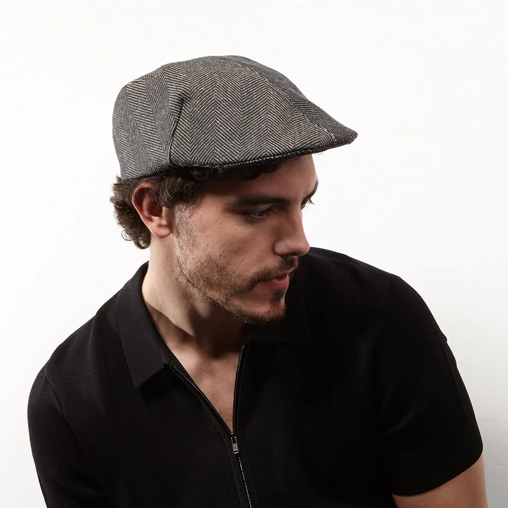 Linen and Cotton Flat Cap for Men - 'Otley' in herringbone - By Karen Henriksen