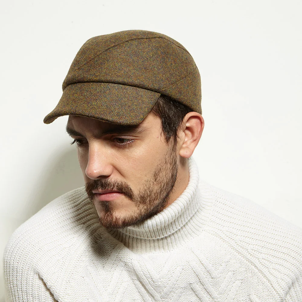 Shetland Wool Military Cap for Men - 'Alonso' in Khaki - by Karen Henriksen