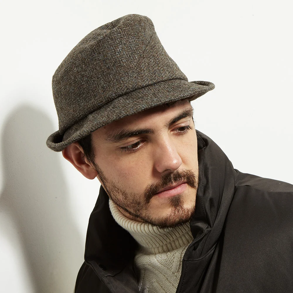Fedora Hat Mens Tweed Trilby Hats Brown Wool Check Tweed Trilby