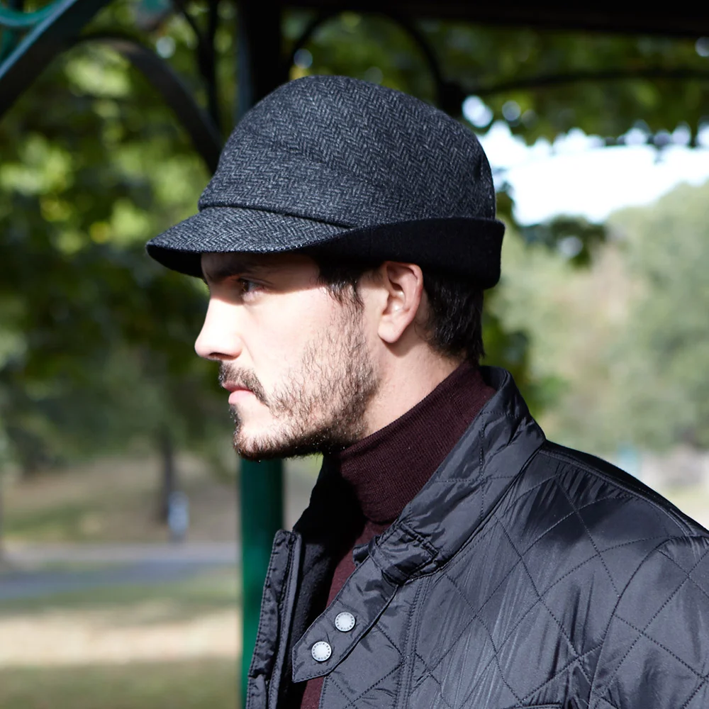 Tweed Men's Winter Trilby Hat - 'Denham' in Charcoal Herringbone - By Karen Henriksen