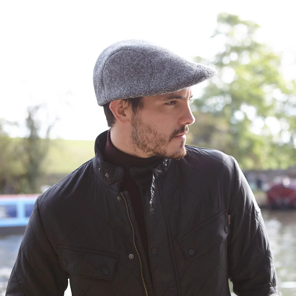 Men's Wool Tweed Flat Cap - 'Windswept Flat Cap' in Grey Herringbone - By Karen Henriksen