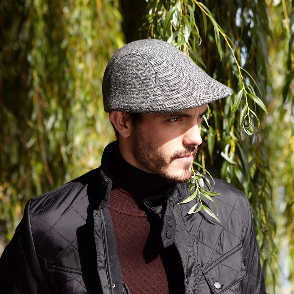 Men's Wool Tweed Flat Cap - 'Windswept Flat Cap' in Grey Herringbone - By Karen Henriksen