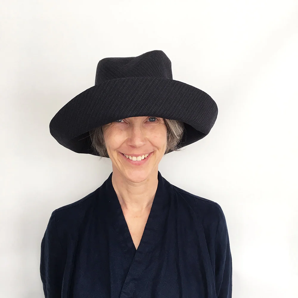 Wool Suiting Wide-Brimmed Fedora Style Hat - 'Cavella' in charcoal stripe by Karen Henriksen