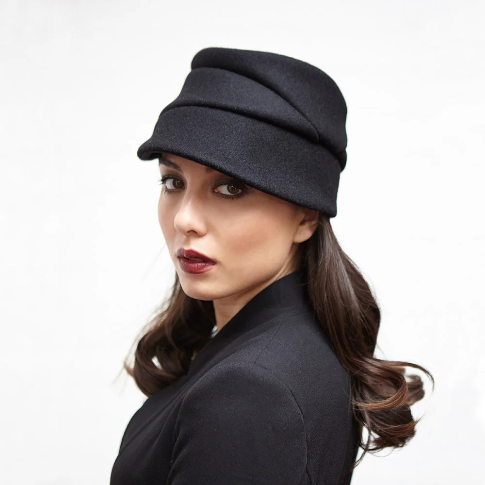 Melton Wool Women's Winter Cap - 'Louise' in black or dark navy by Karen Henriksen