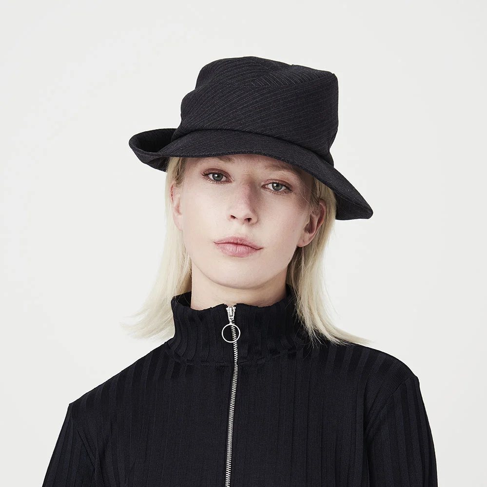Wool Suiting Women's Fedora Hat in charcoal stripe by Karen Henriksen