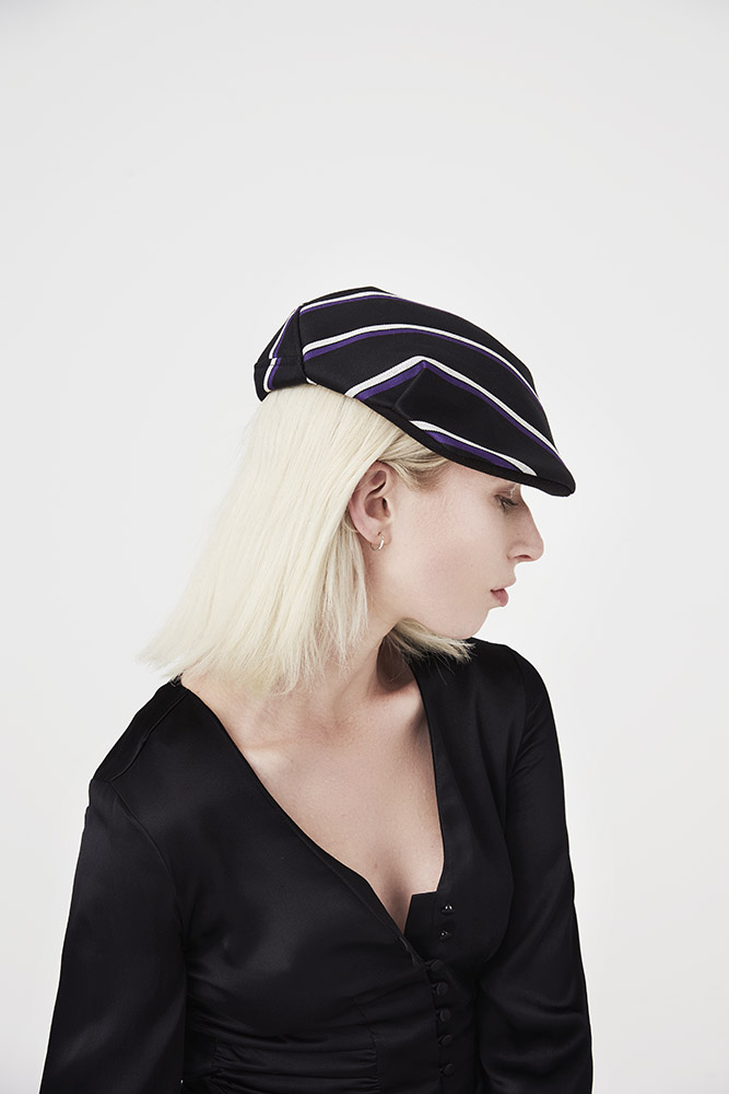 'Shelvey' flat cap in black blazer stripe wool-blend