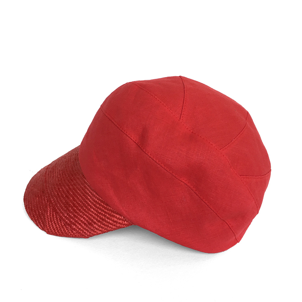 'Petra/18' One-Off Peaked Cap In Red Linen & Straw
