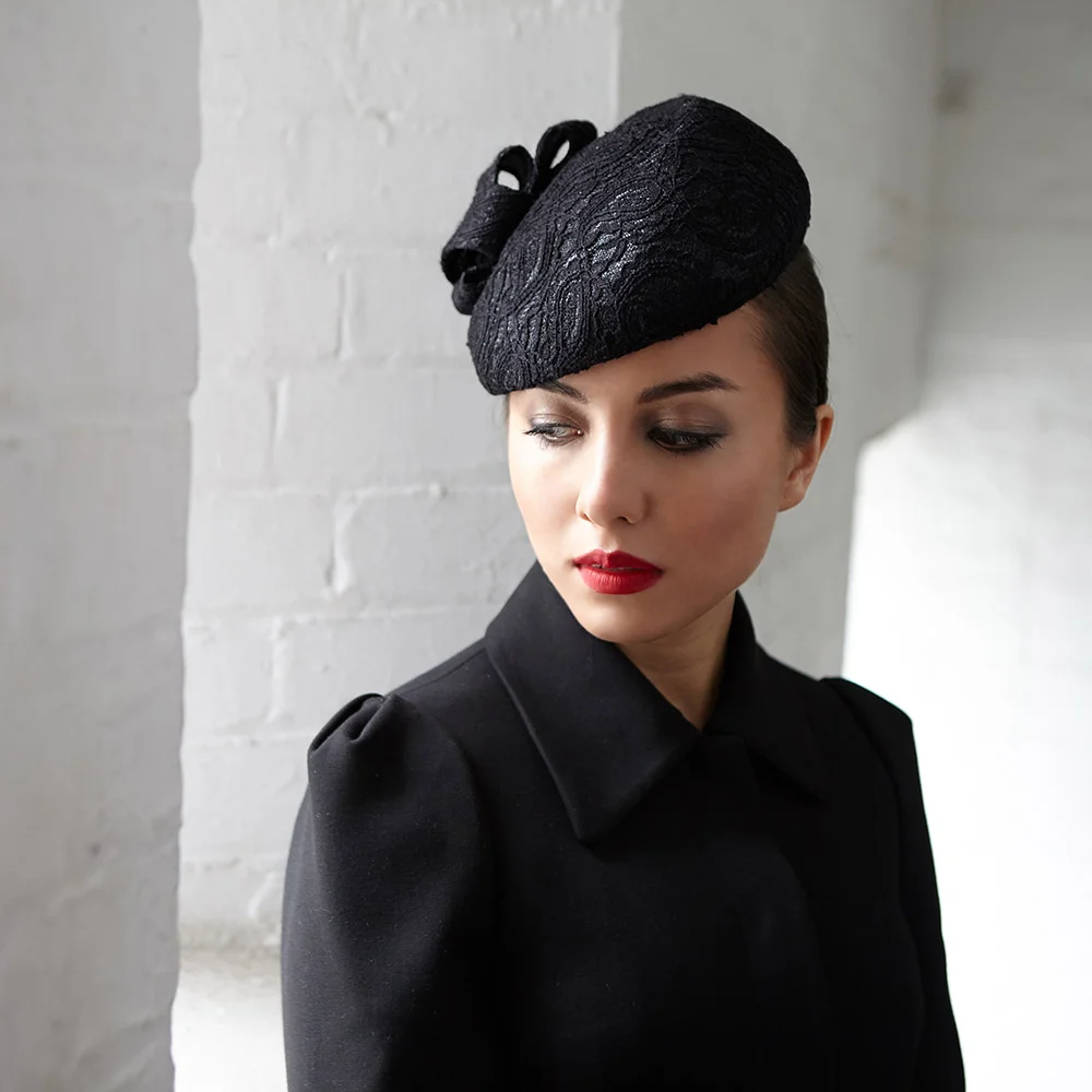 Amanda pillbox in black straw overlaid with lace see this hat in the online shop