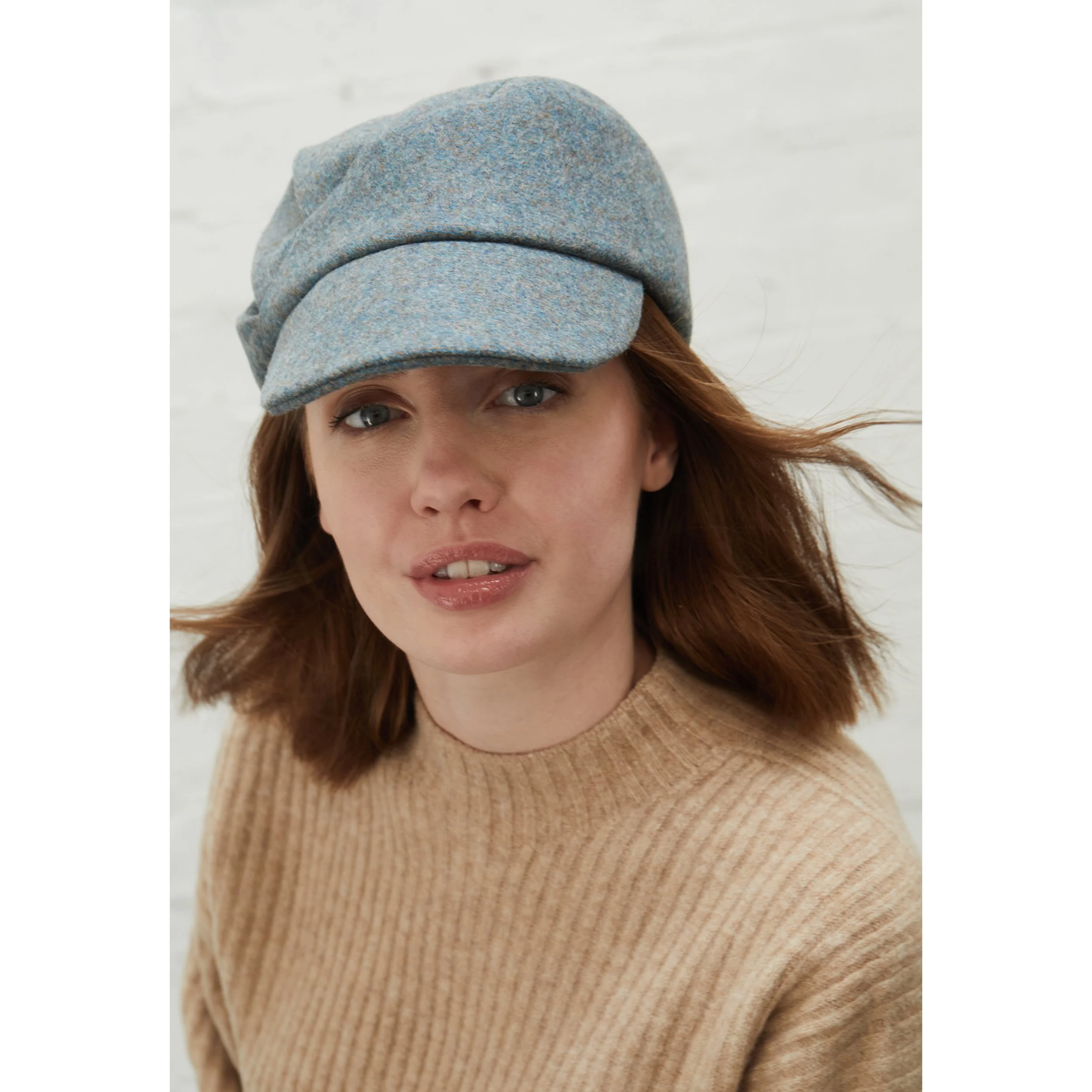 Shetland Wool Peaked Cap by Karen Henriksen: 'Lee' in soft blue, front view