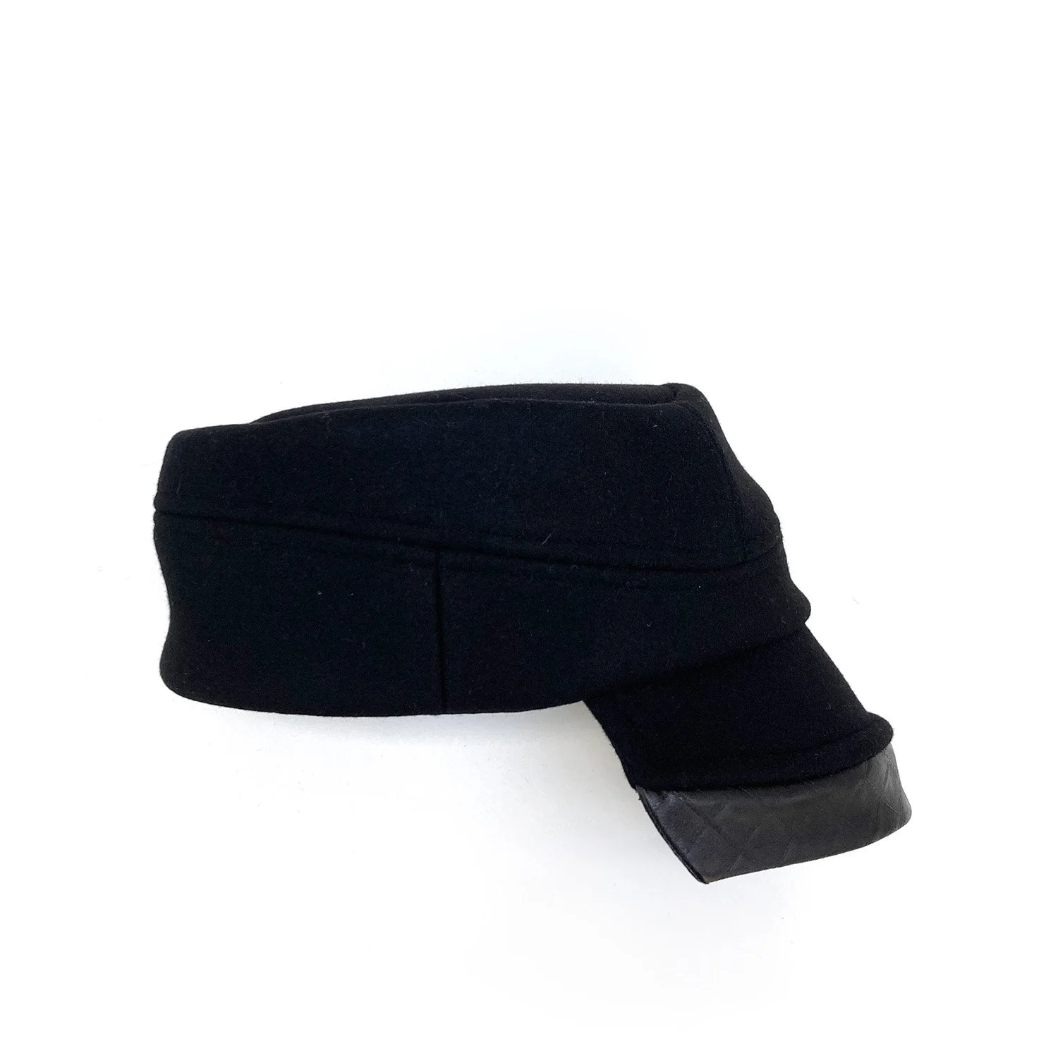 Striking Wool Cap with 2-piece Peak and Leather Detail by Karen Henriksen: 'Lauren' in black, seen from above