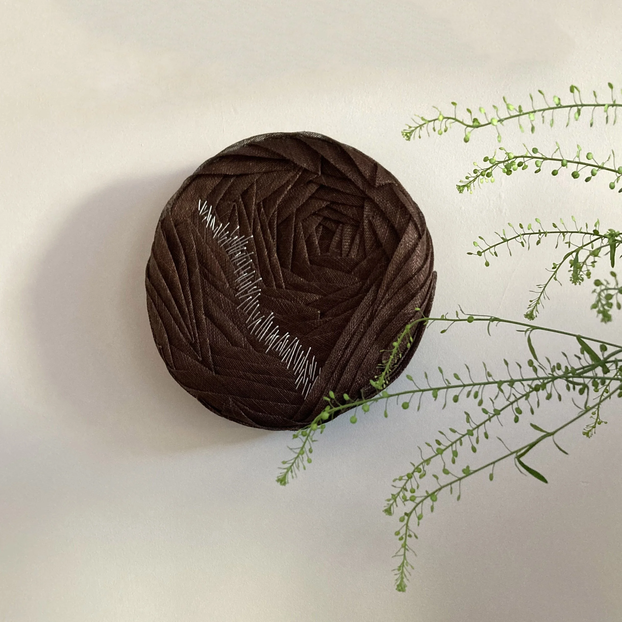 Handmade Wall Sculpture by Karen Henriksen: 'Digression' No. 2 in dark brown abaca with silver stitch detail