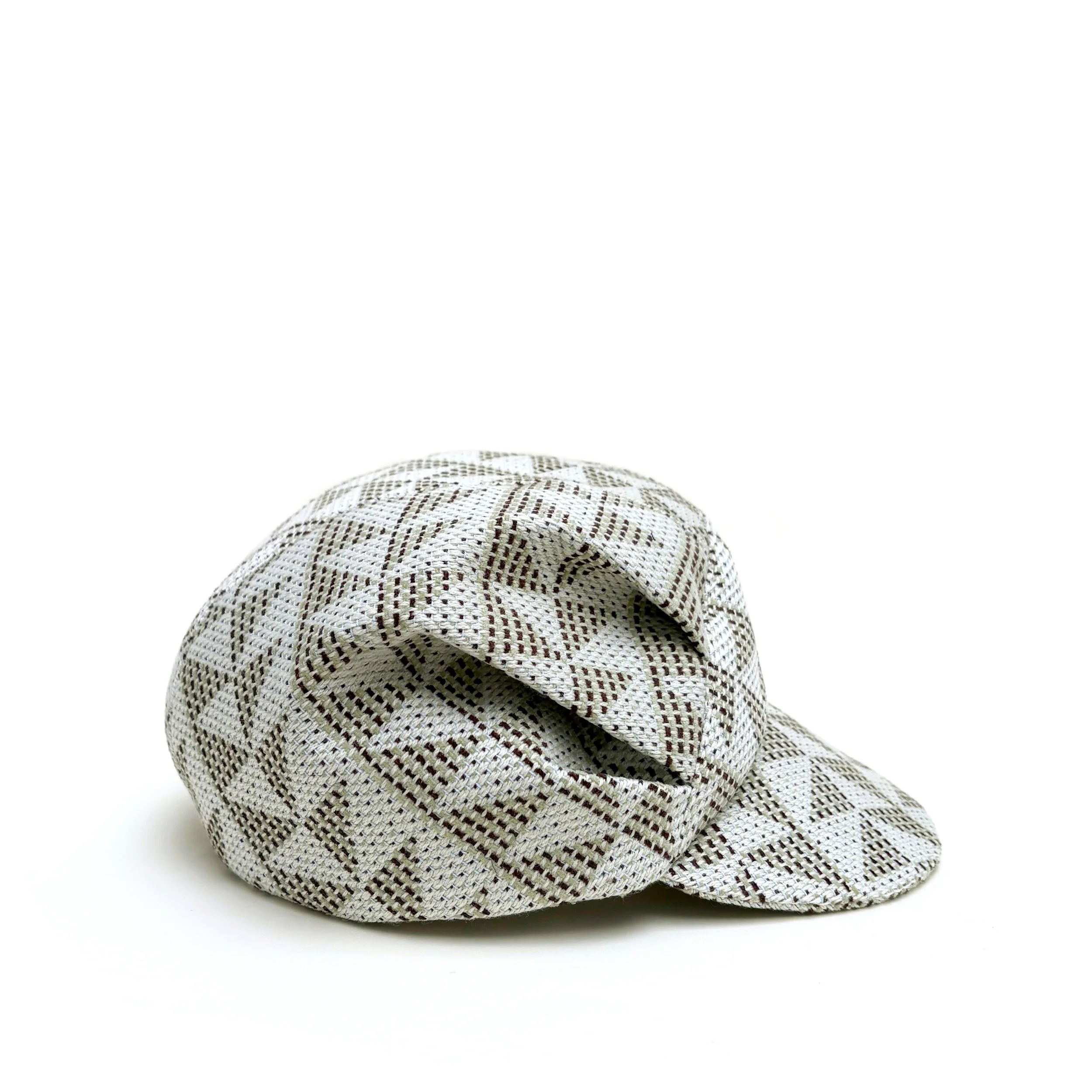 Lightweight Tweed Peaked Cap by Karen Henriksen: 'Lee' in green and ivory, with side pleats