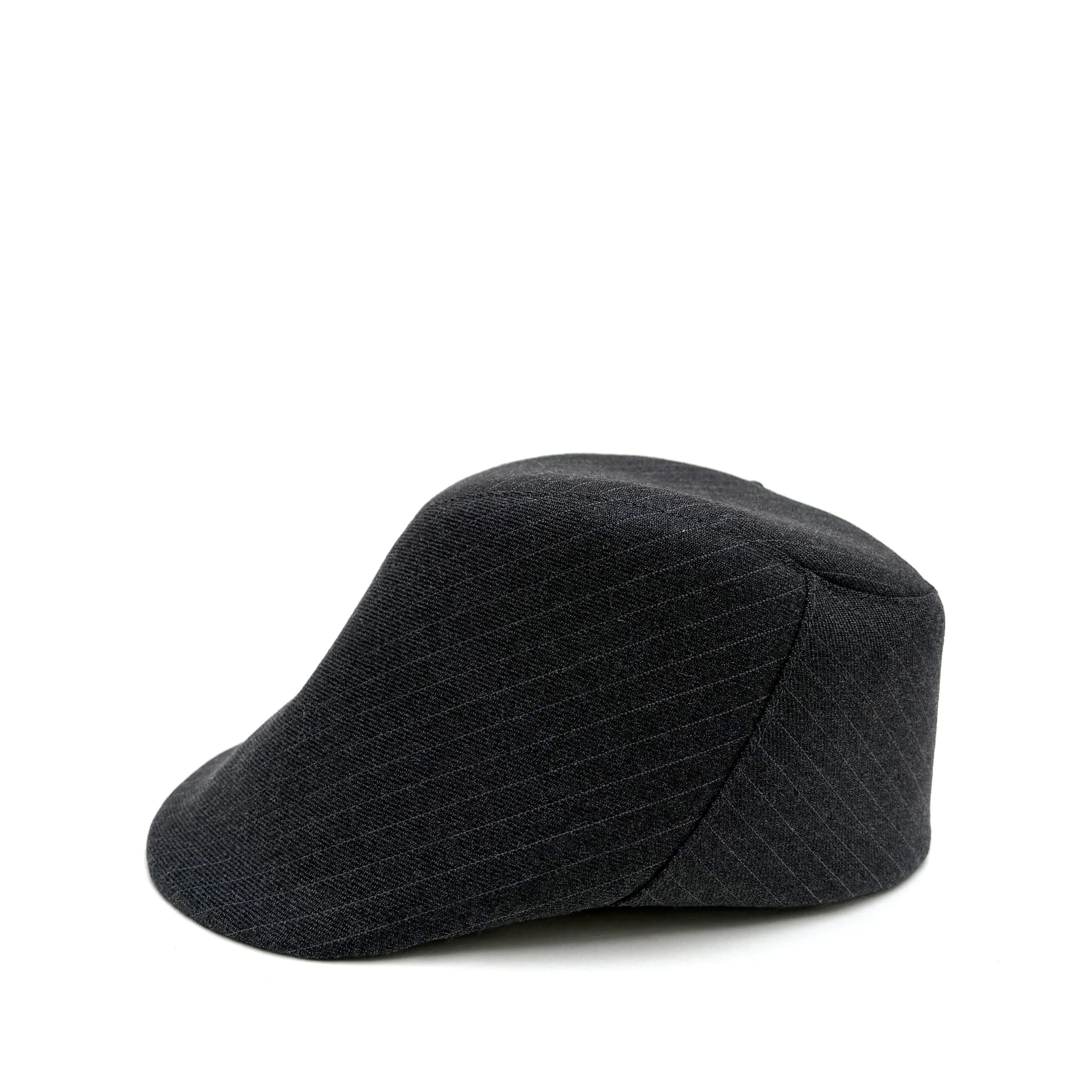 Women's Wool Flat Cap by Karen Henriksen: 'Venice' in grey pinstripe, side view