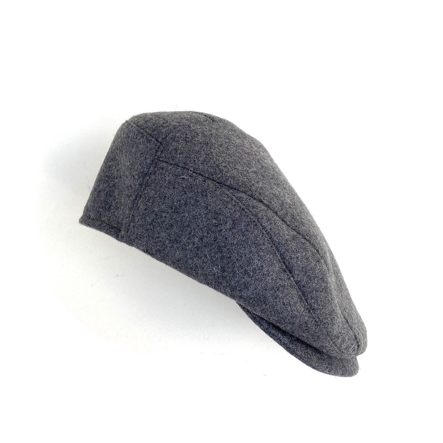 Men's Designer BakerBoy Style Cap by Karen Henriksen: 'Rob' in grey wool, side view from above