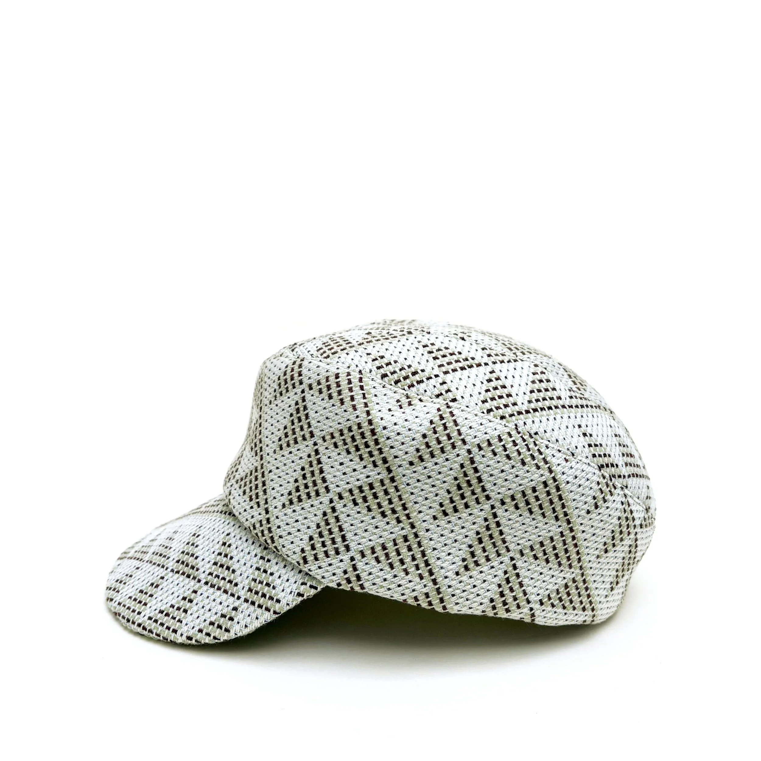 Lightweight Tweed Peaked Cap by Karen Henriksen: 'Lee' in green and ivory, side view