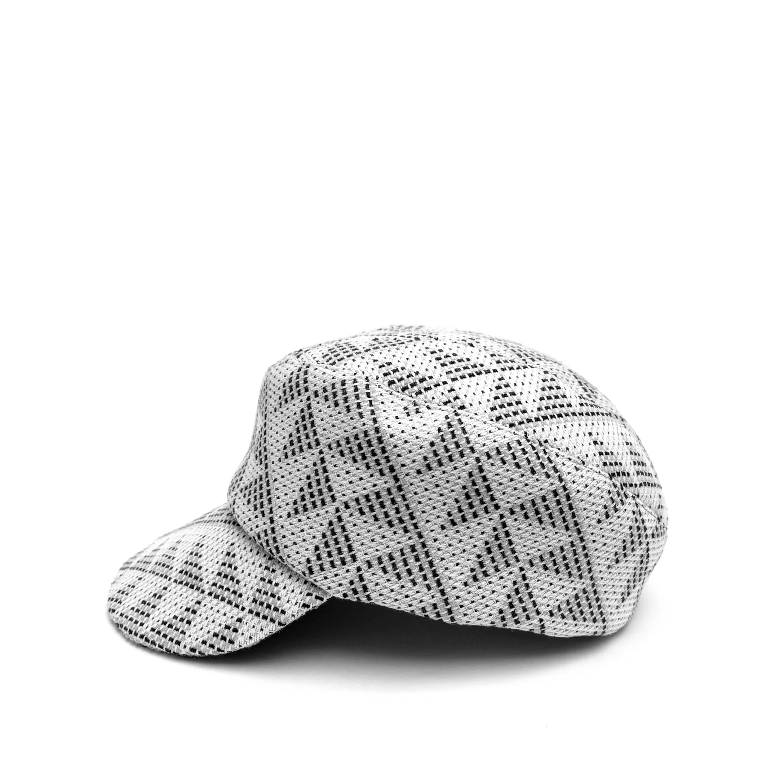 Lightweight Tweed Peaked Cap by Karen Henriksen: 'Lee' in black and ivory, side view