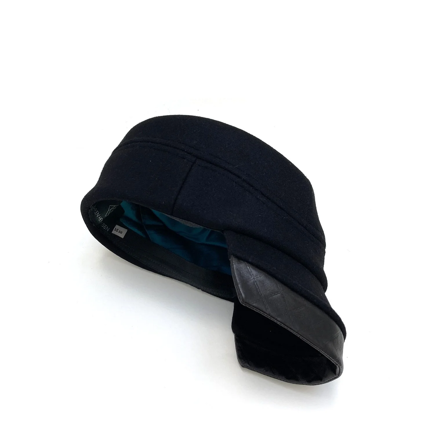 Striking Wool Cap with 2-piece Peak and Leather Detail by Karen Henriksen: 'Lauren' in black