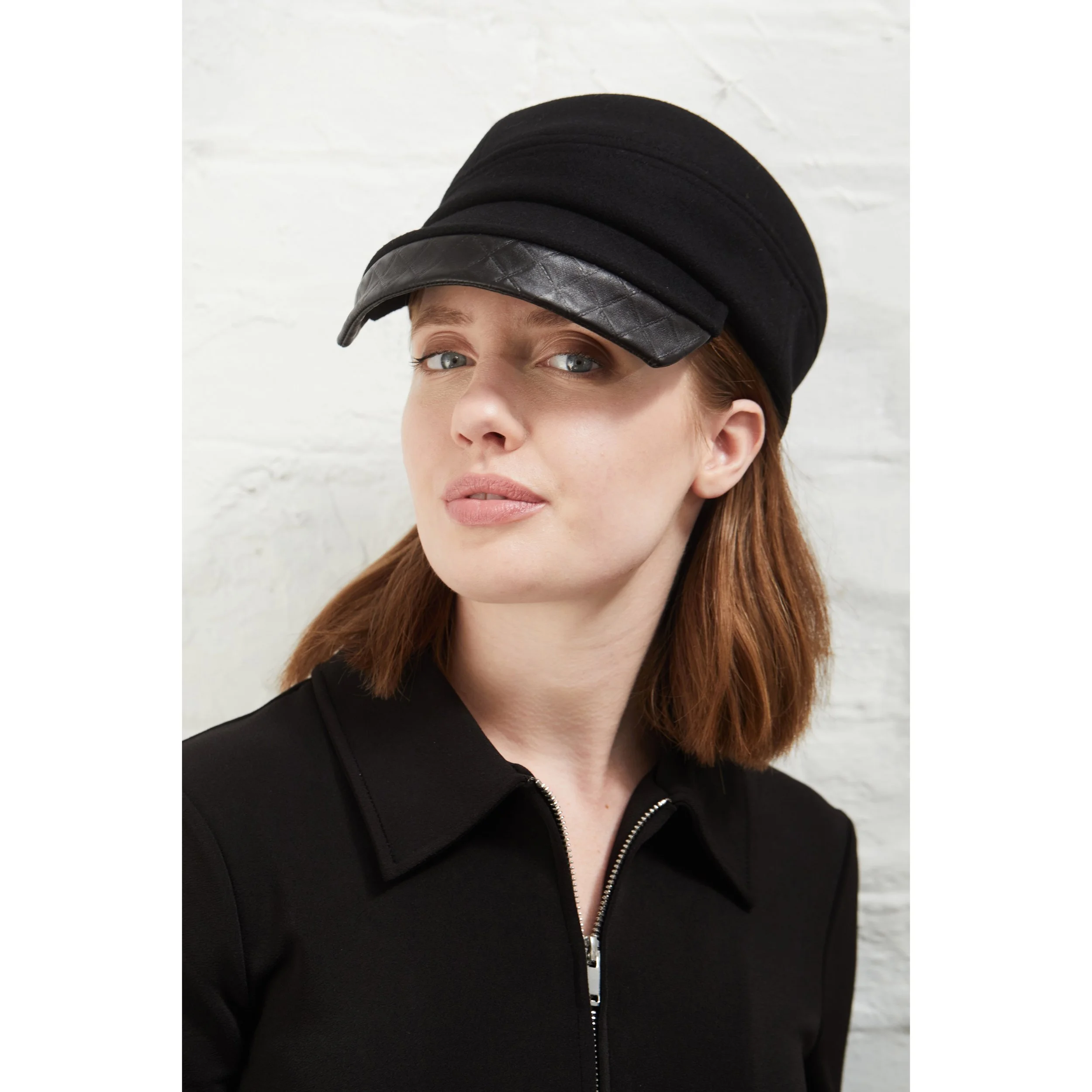 Striking Wool Peaked Cap with Leather Detail by Karen Henriksen: 'Lauren' in black