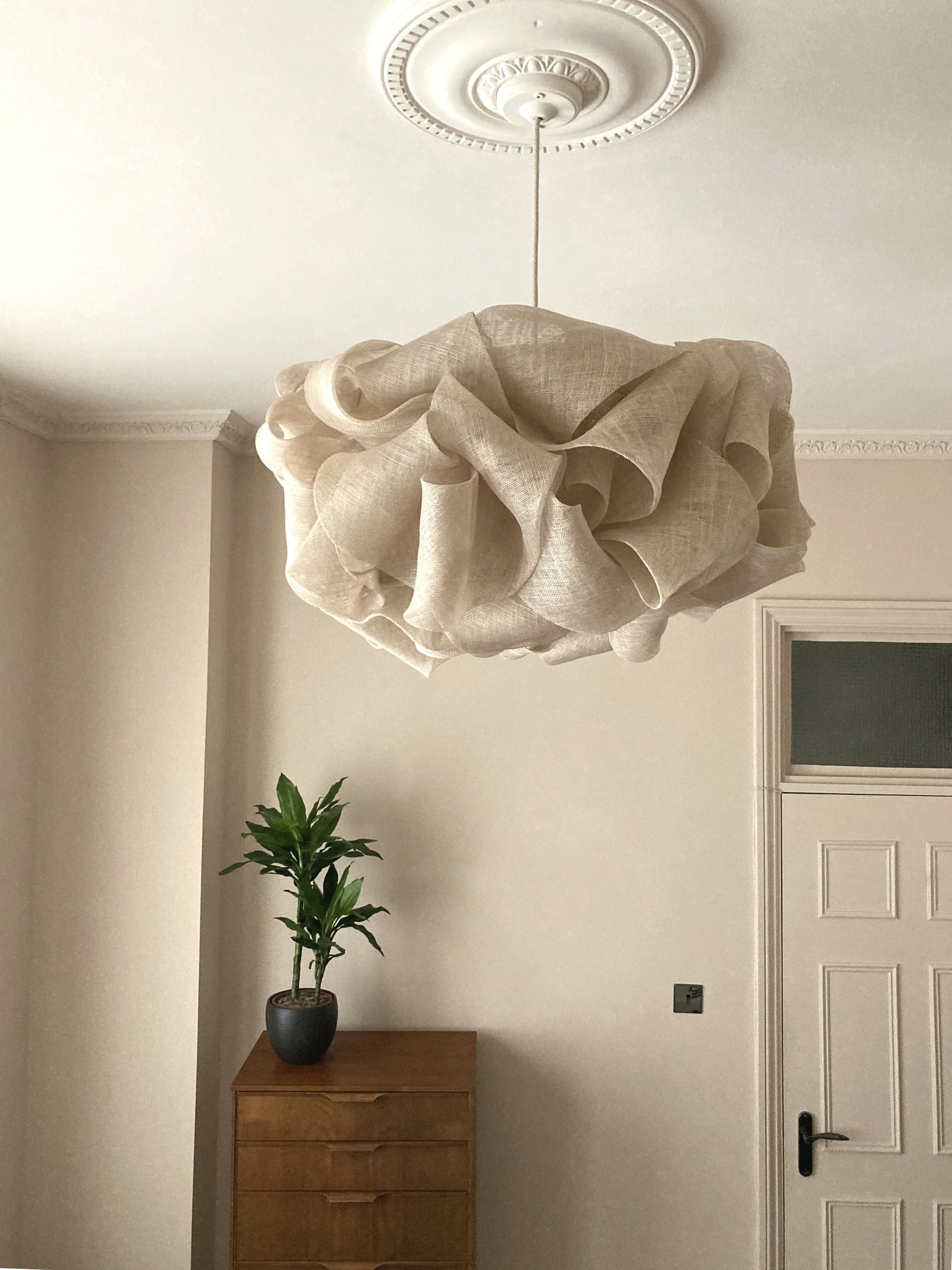 Handmade Sculpted Lightshade in Abaca Fabric by Karen Henriksen: 'Curl' size medium in mist