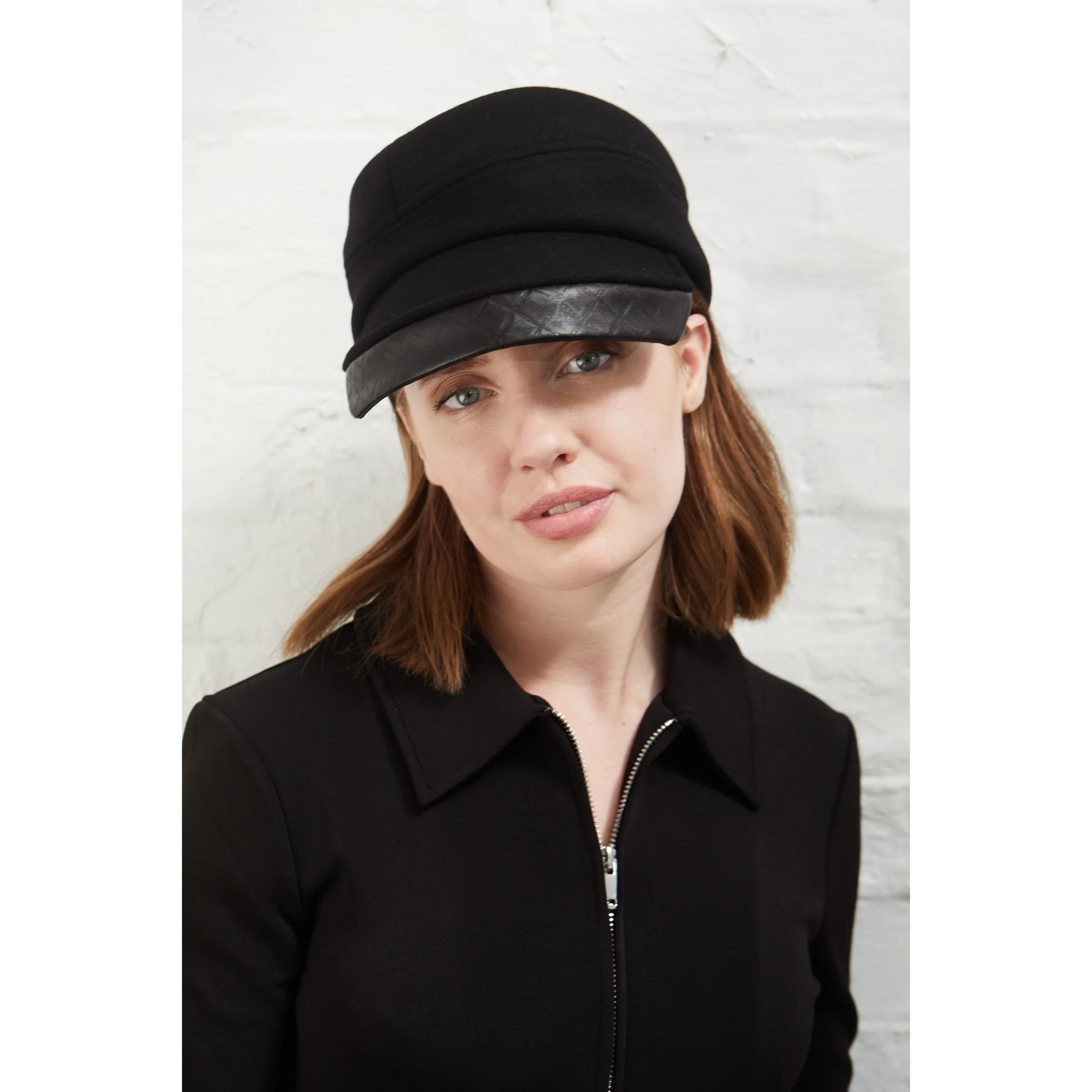 Wool Peaked Cap with Leather Detail by Karen Henriksen: 'Lauren' in black, front view