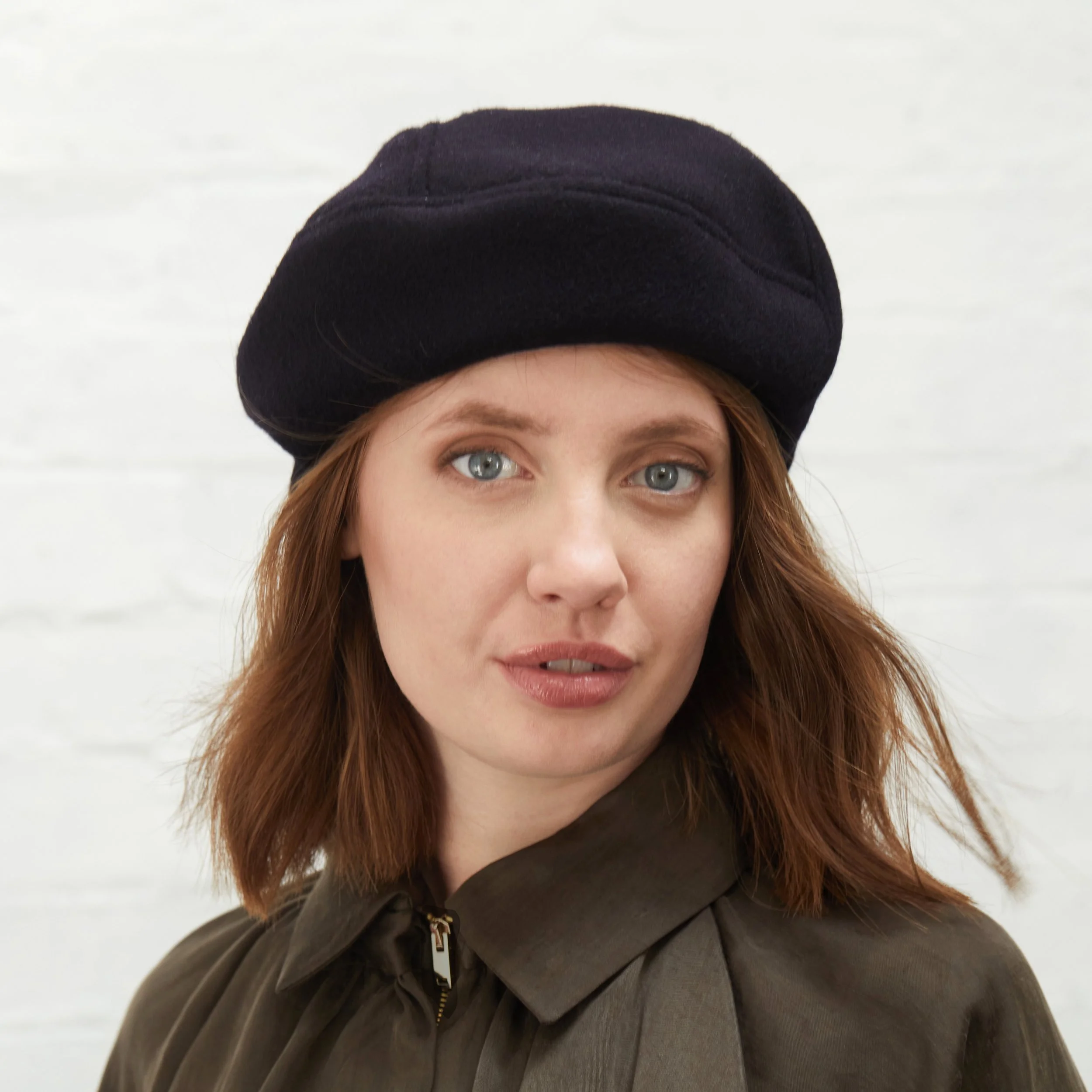 Wool/Cashmere Beret by Karen Henriksen: 'Maxine' in navy, front view