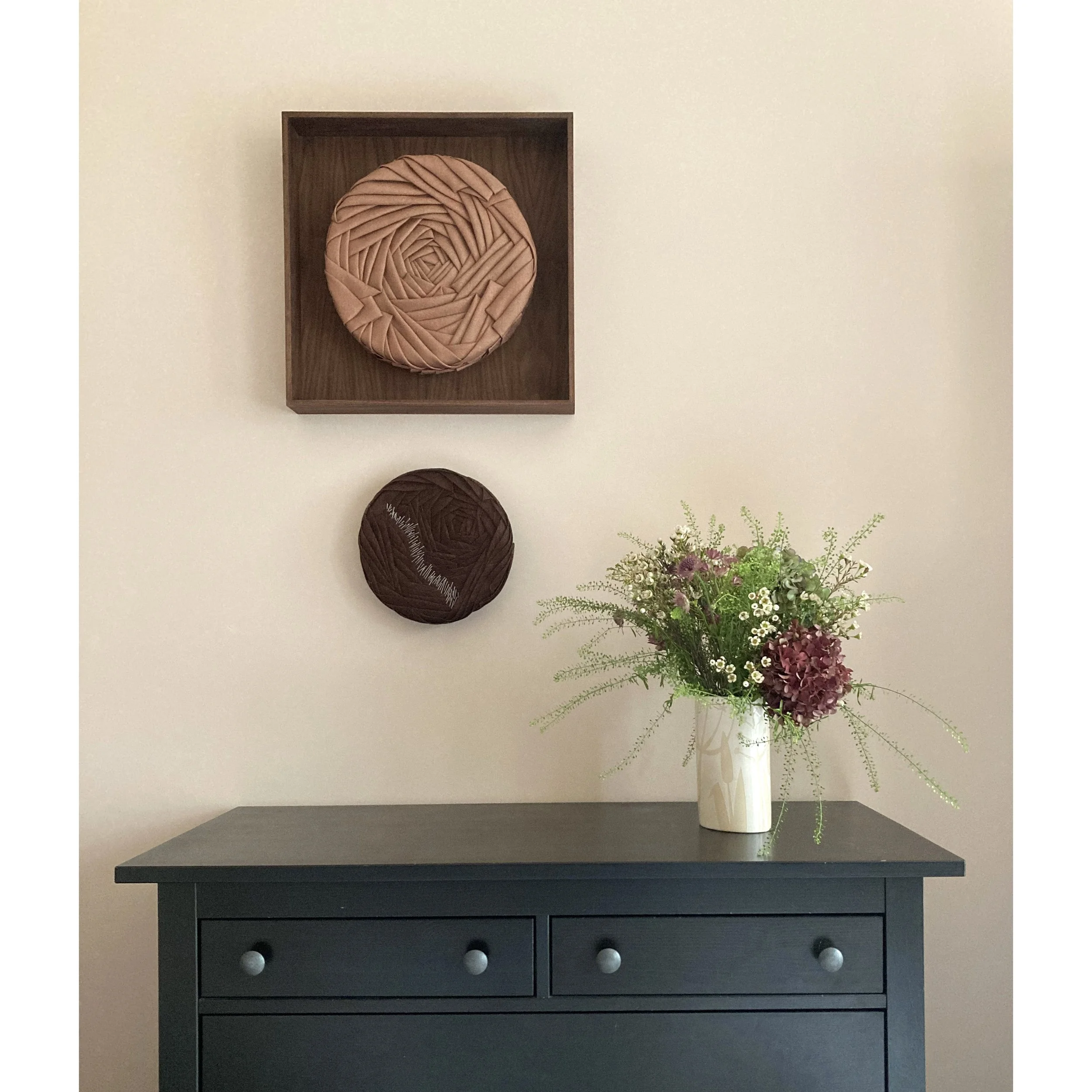 Handmade Wall Sculpture by Karen Henriksen: 'Digression' No. 2 in dark brown abaca with 'Digression' No. 5