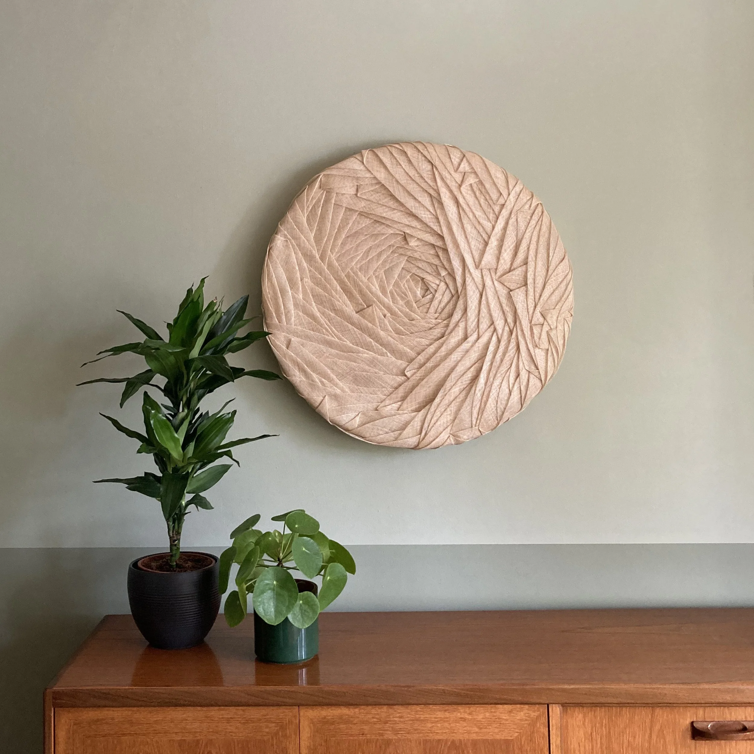 Handmade Wall Sculpture by Karen Henriksen: 'Digression' No. 1 with midcentury sideboard