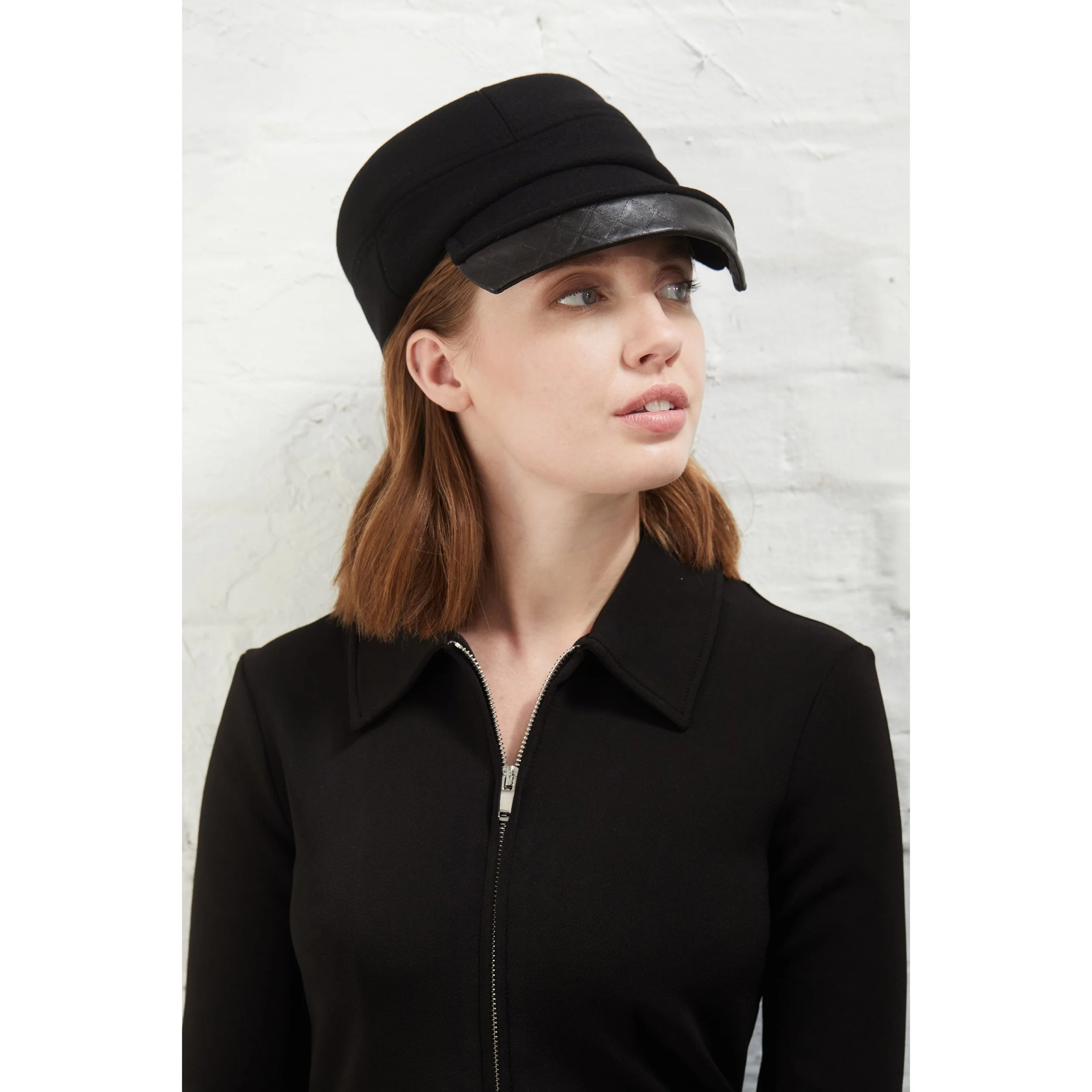 Striking Wool Cap with 2-piece Peak and Leather Detail by Karen Henriksen: 'Lauren' in black
