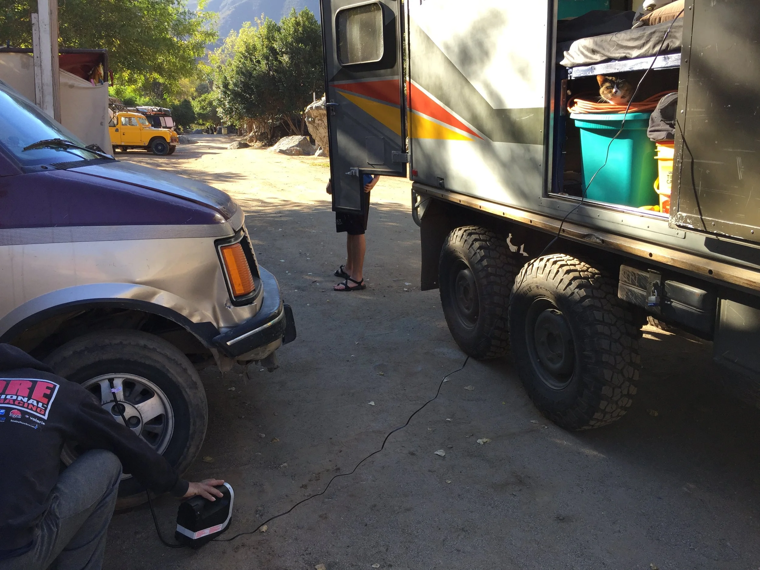 Testing the new tire inflator as LouLou supervizes.