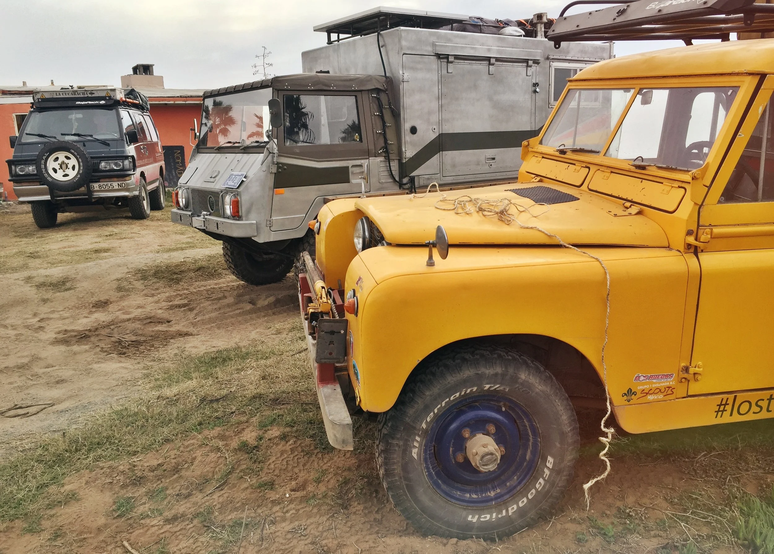 From right to left: Mauricio's 1961 Land Rover 2A, Little Foot the Pinzgauer, and the Cucaracha of Viajeros4x4x4 fame.