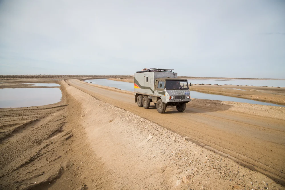 Little Foot driving through the salt flats.
