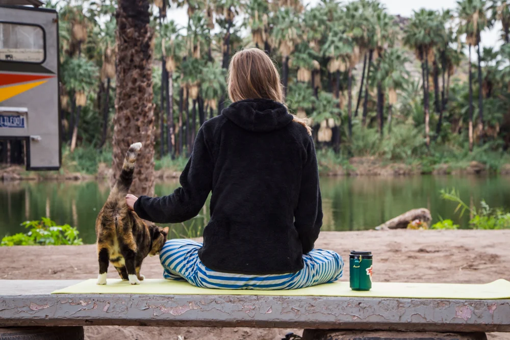 Stretching and coffee with Loulou.