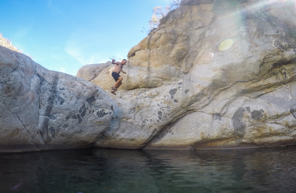 There are a handful of places to jump from, but swim in your landing zone before you launch to make sure it's deep enough!