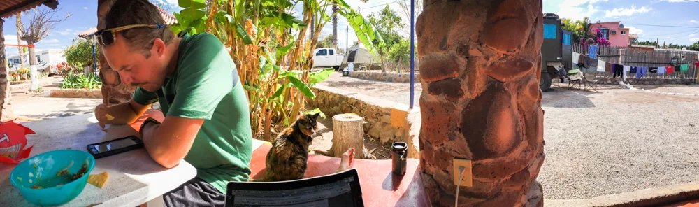 Sitting in the common area at the RV park, enjoying the wait while our laundry hangs to dry.