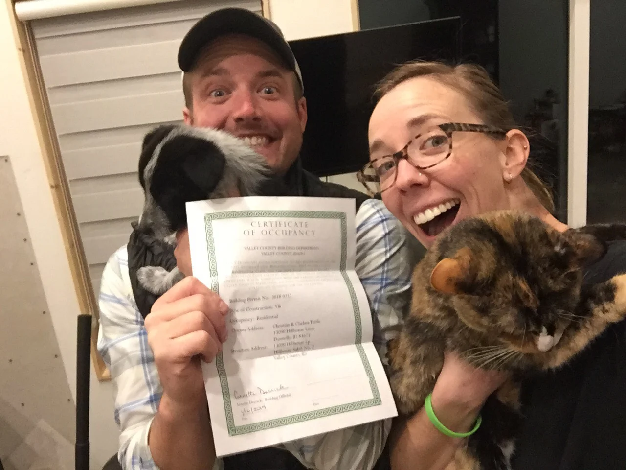 Gracie and Loulou joined in for a family photo when we received our official paper copy of our Certificate of Occupancy!