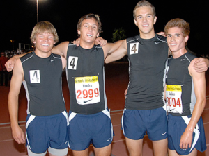 2008 Arcadia DMR Champions: (from left)Chad Rozean, James Hendra, Scott Blair, and Riley Sullivan. Set a CA State record with their time of 10:04.