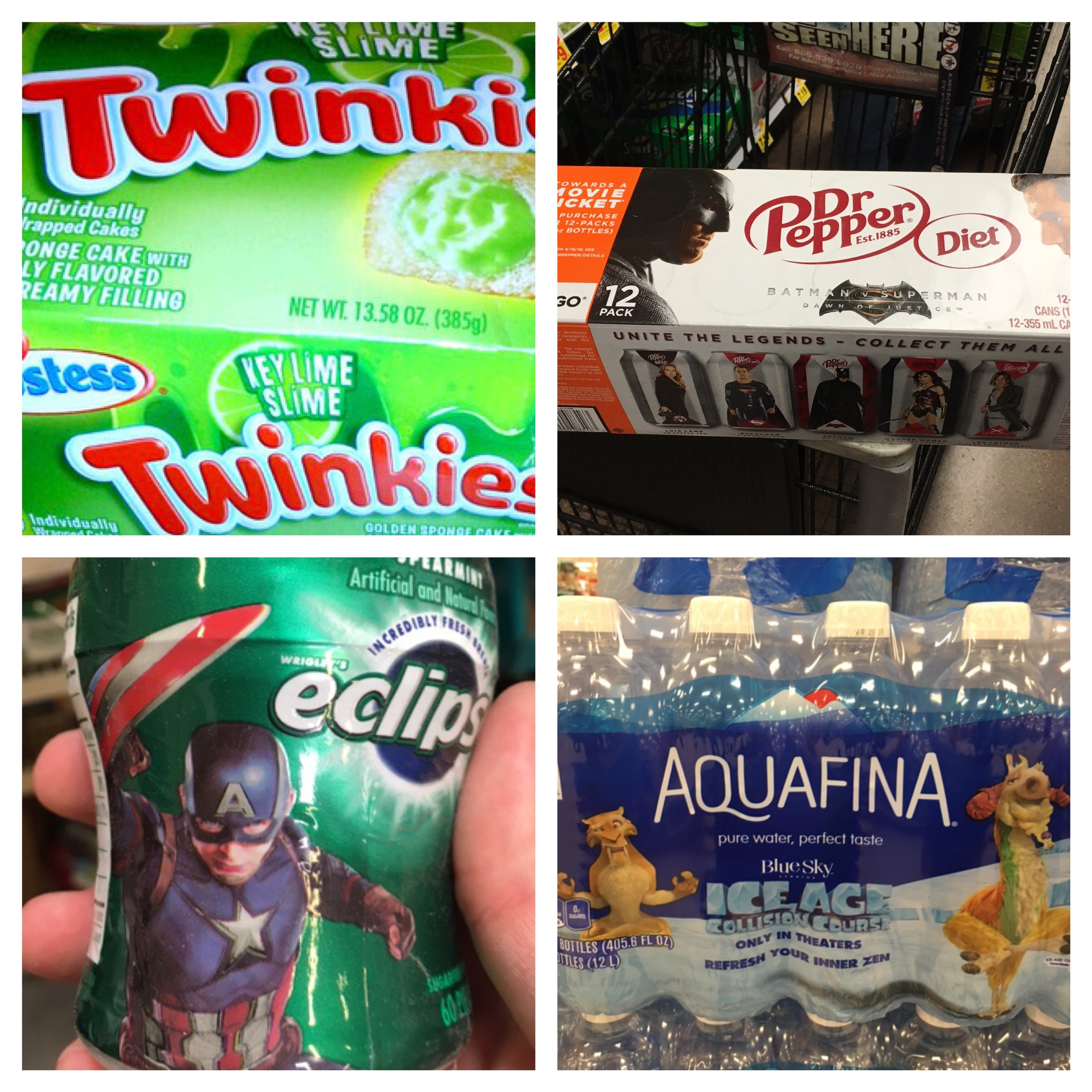From left to right: Twinkies & Ghostbusters , Dr. Pepper & Batman v. Superman , Eclipse Gum & Captain America: Civil War and Aquafina & Ice Age: Collision Course.