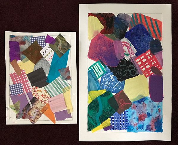 Ojasi has recreated her collage in paint using bold abstracted shapes with textures and patterns.