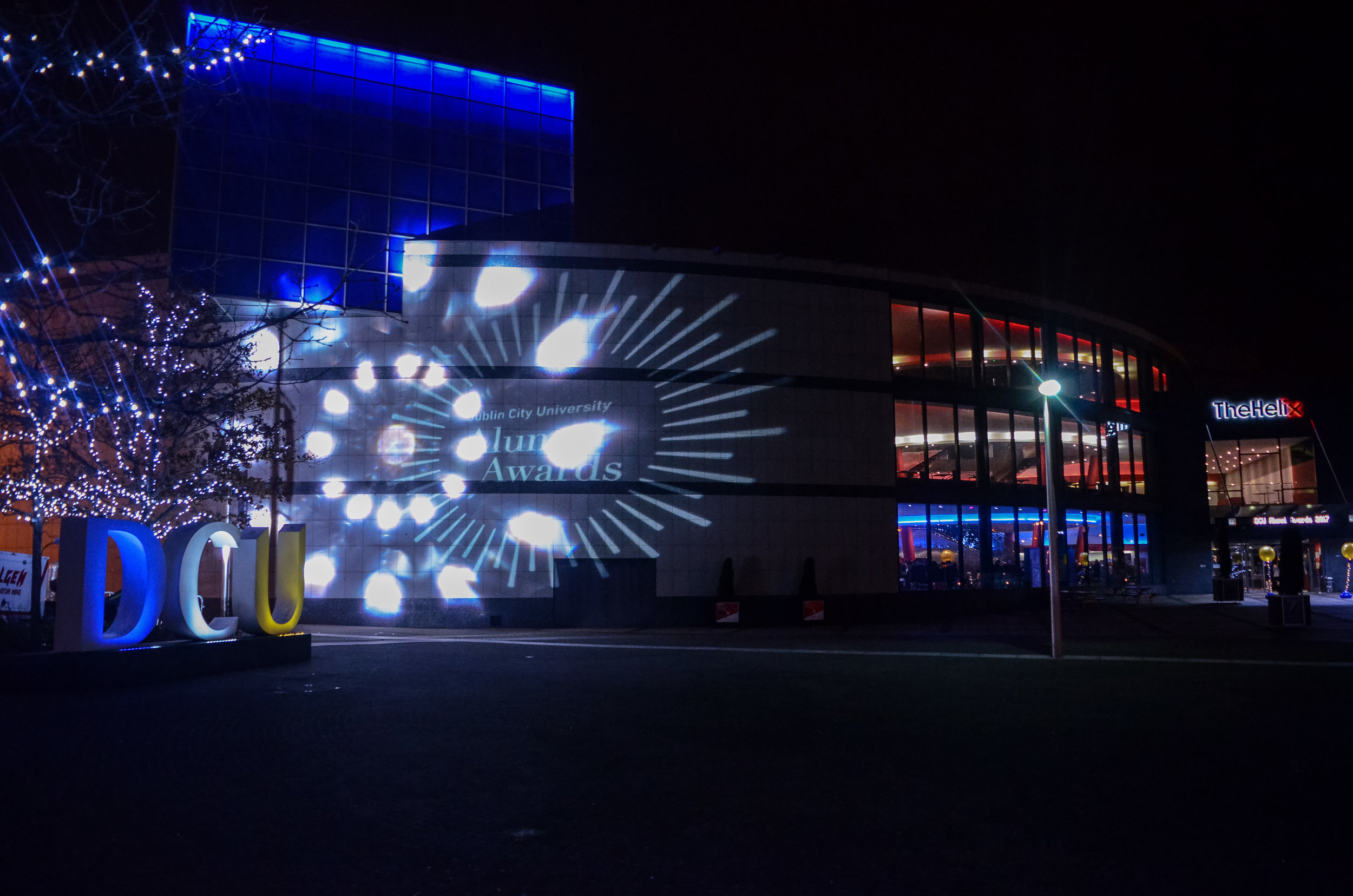 Light gobo designed with the DCU Alumni Awards branding. Reflected onto the side of The Helix.
