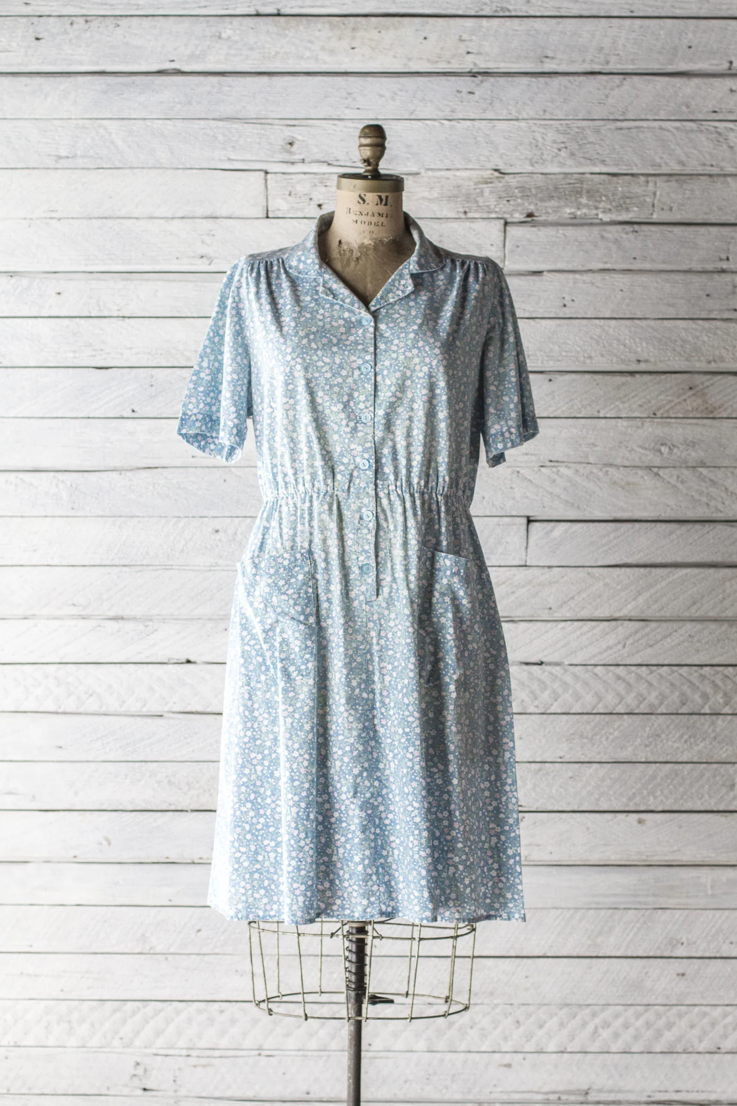 fitted lace wedding dress Vintage Chambray Floral Print House Dress – ThisBlueBird main image 0